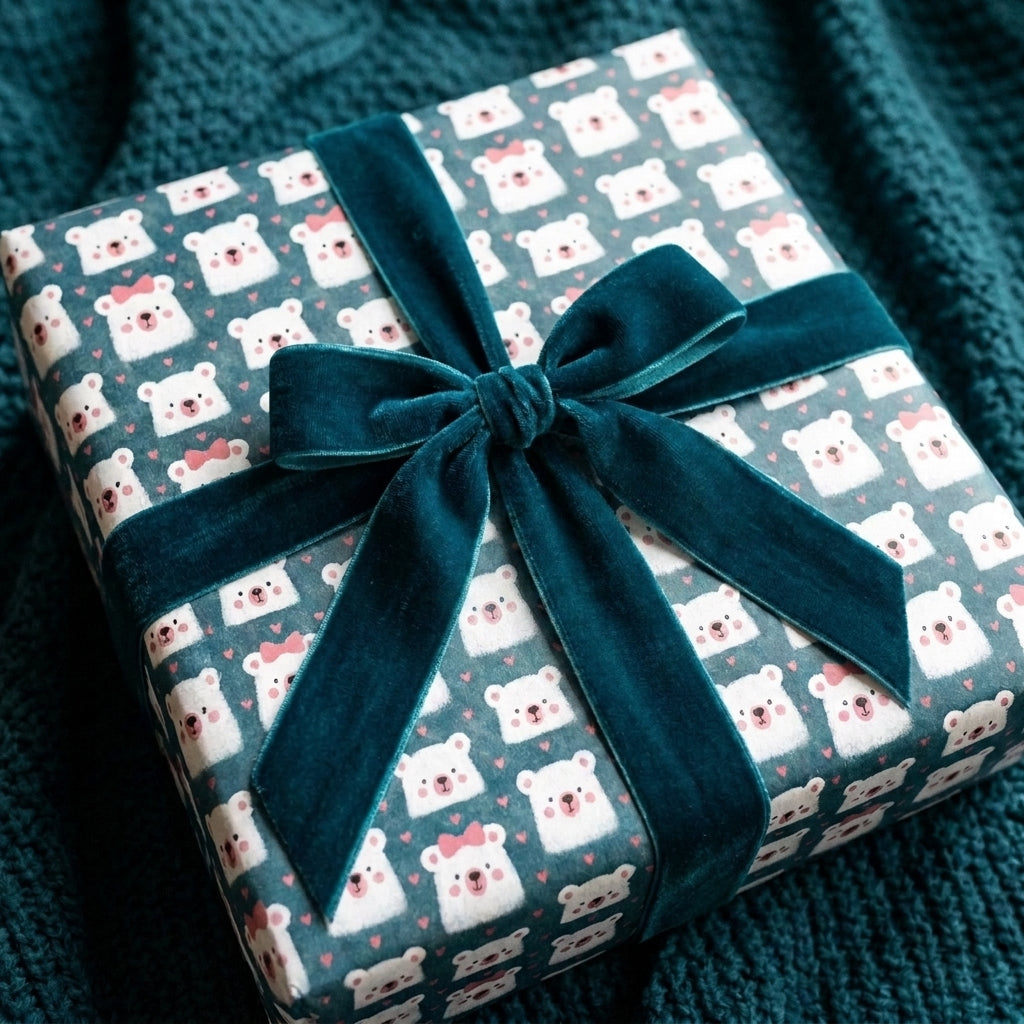 Cute polar bear Christmas wrapping paper with a teal velvet ribbon, by Wrapped Studios.