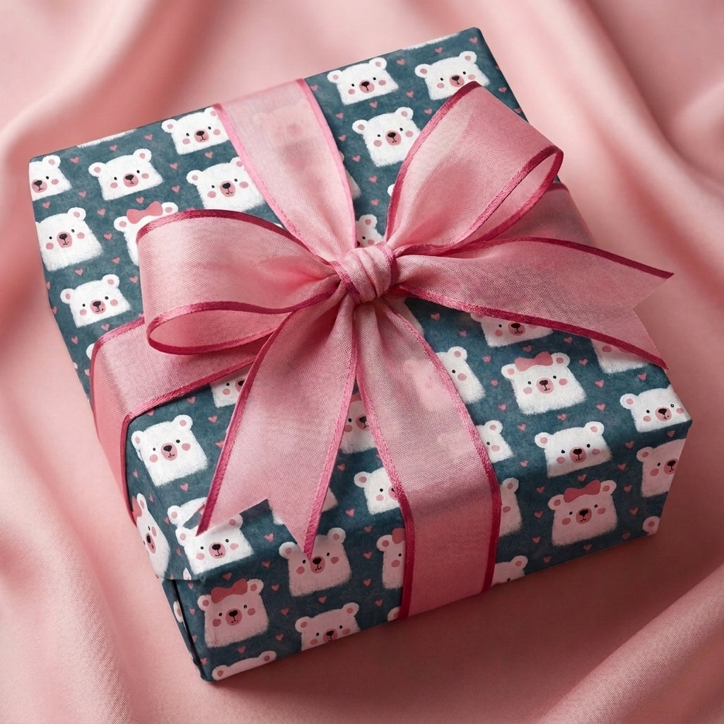 Cute polar bear wrapping paper with a pink organza bow for baby showers, by Wrapped Studios.