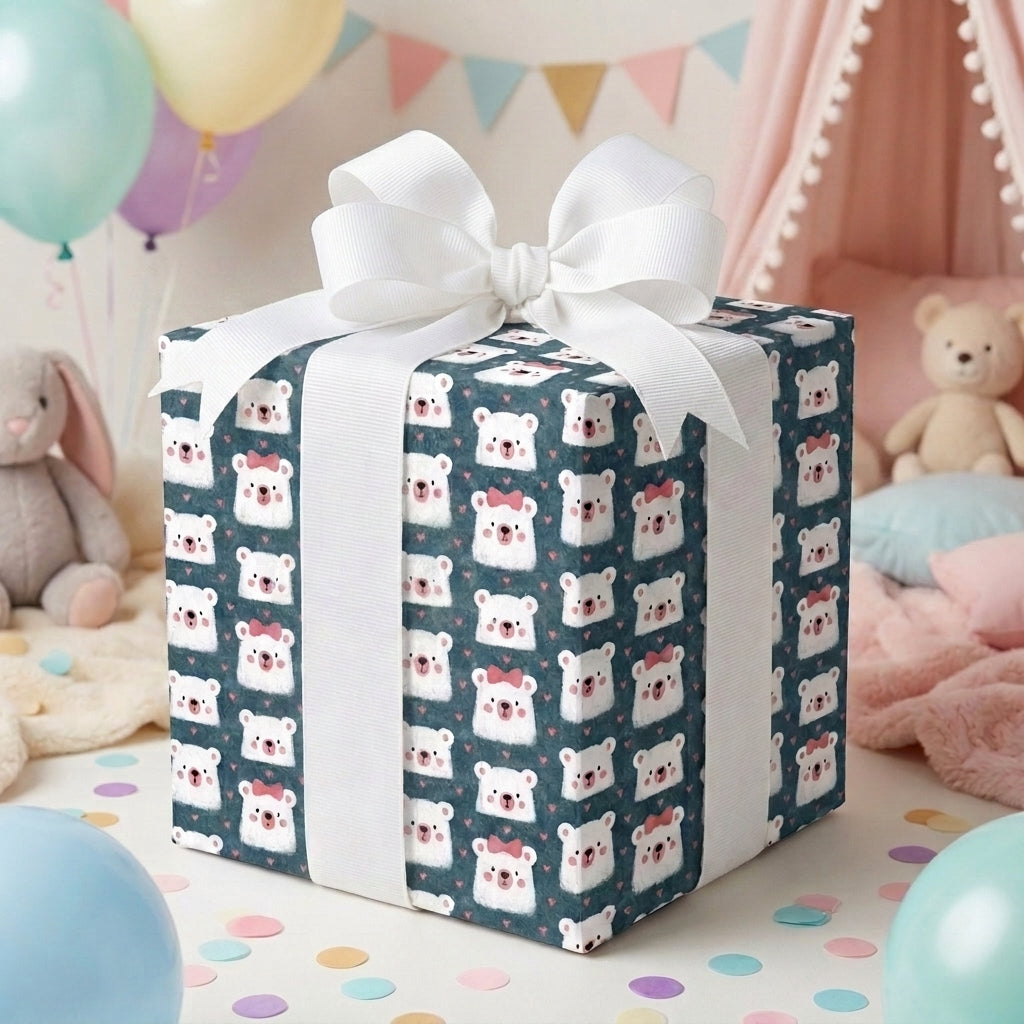 Cute polar bear baby shower wrapping paper on a gift box with a white ribbon by Wrapped Studios.