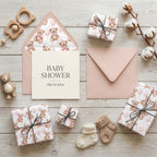 Pink teddy bear baby shower wrapping paper and matching invitation card set by Wrapped Studios.