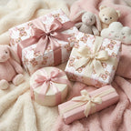 Pink teddy bear wrapping paper for luxury baby shower gifts by Wrapped Studios.