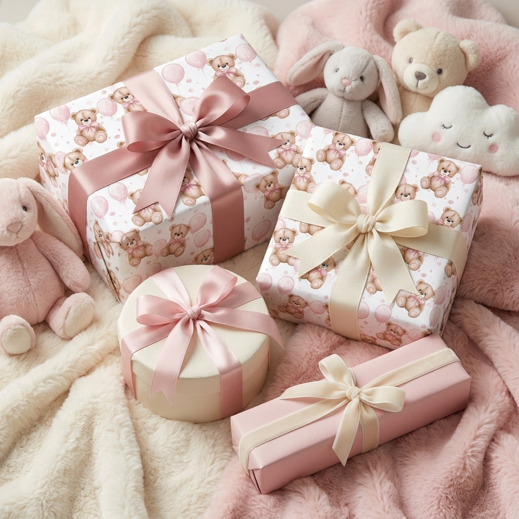 Pink teddy bear wrapping paper for luxury baby shower gifts by Wrapped Studios.