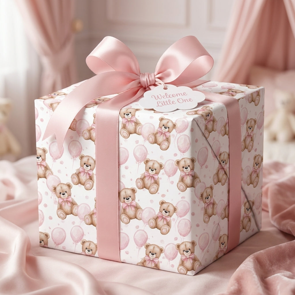 Pink teddy bear baby shower wrapping paper on a gift box with a satin ribbon, by Wrapped Studios.