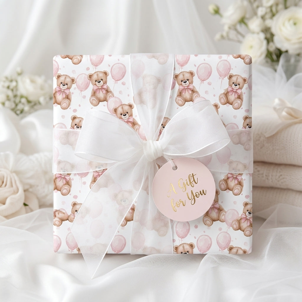 Cute teddy bear baby shower wrapping paper with white ribbon, by Wrapped Studios.