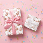 Teddy bear baby shower wrapping paper with pink ribbons and confetti by Wrapped Studios.