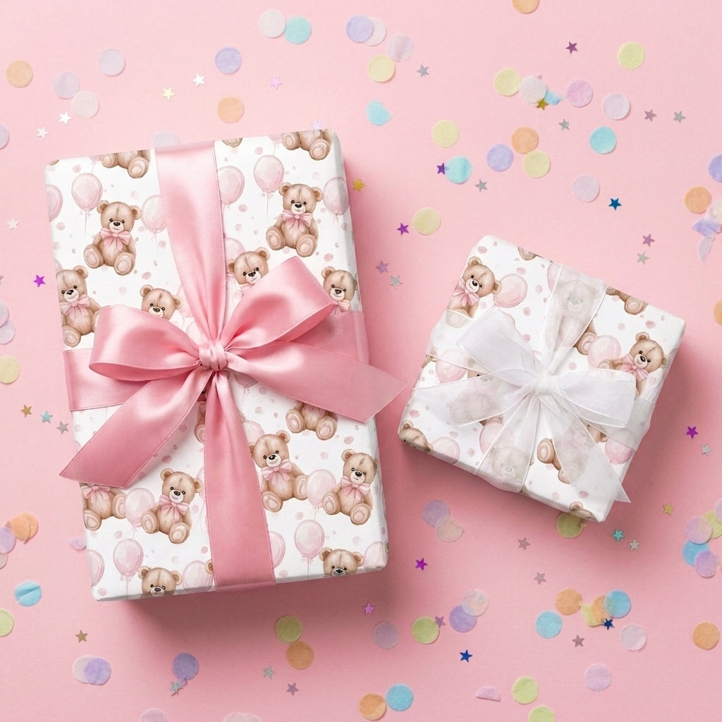 Teddy bear baby shower wrapping paper with pink ribbons and confetti by Wrapped Studios.