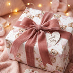 Teddy bear baby shower wrapping paper with a pink velvet ribbon and Sweet Baby tag by Wrapped Studios.