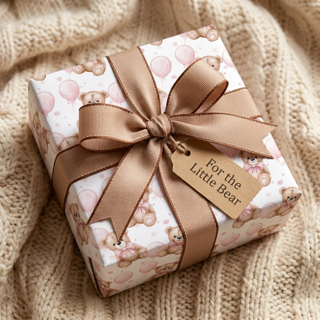 Teddy bear baby shower wrapping paper with pink balloons and a beige ribbon by Wrapped Studios.