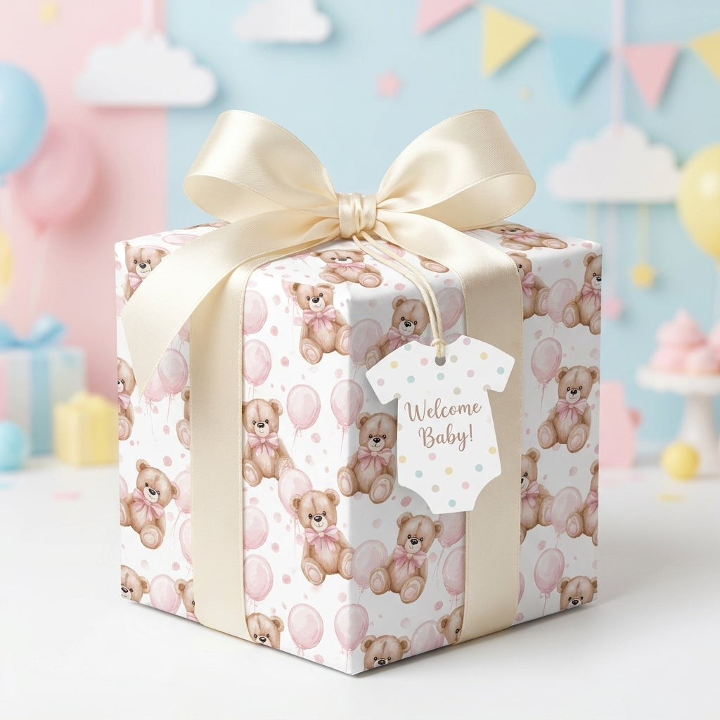 Pink teddy bear baby shower wrapping paper by Wrapped Studios with a cream bow and Welcome Baby tag.