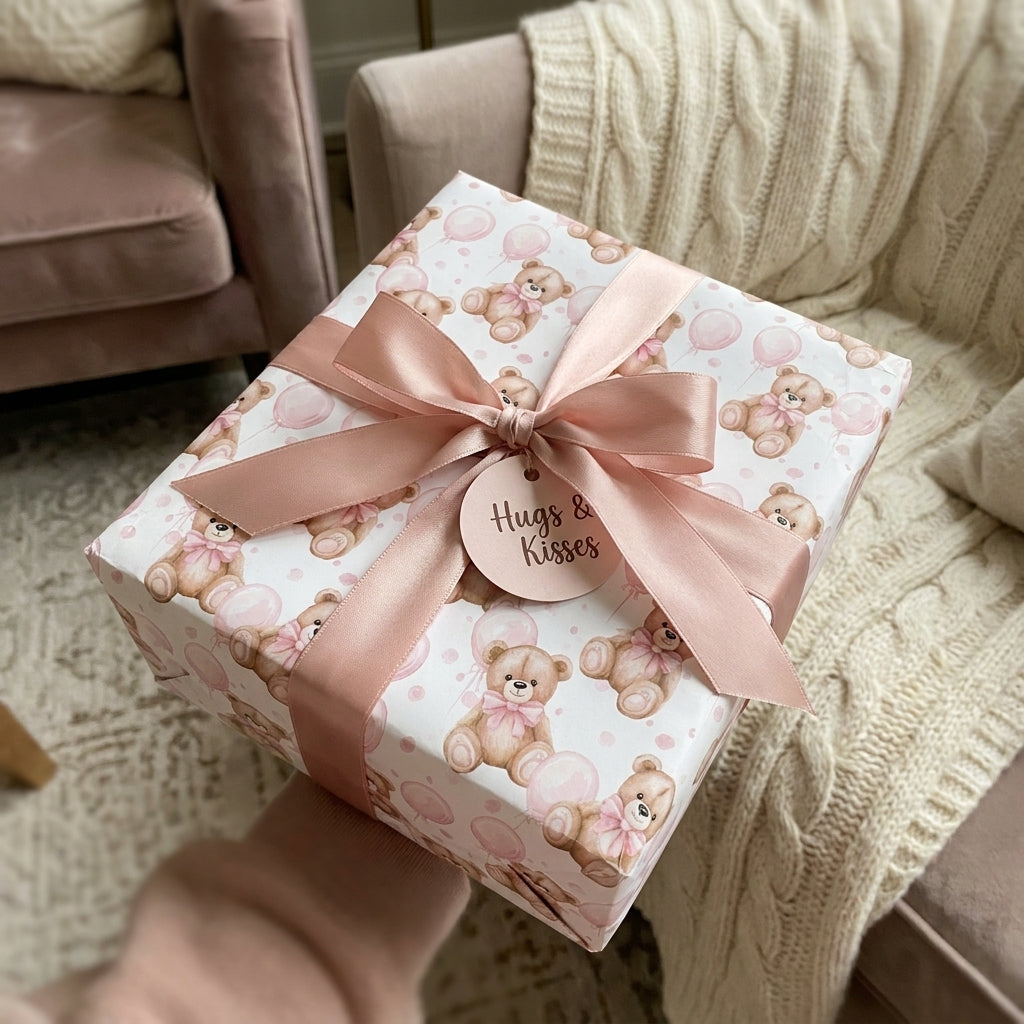 Pink teddy bear baby shower wrapping paper with a satin bow and 'Hugs & Kisses' tag by Wrapped Studios.