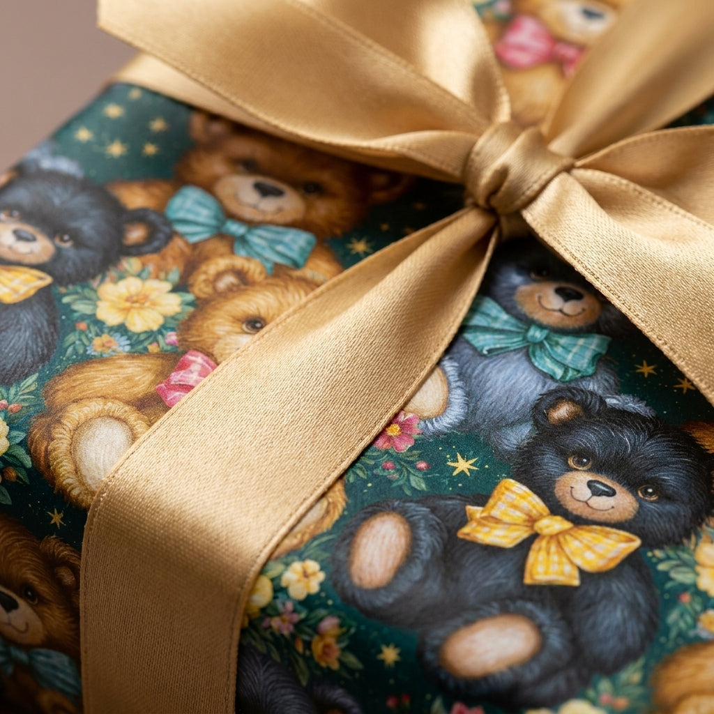 Cute teddy bear birthday wrapping paper with gold satin ribbon, Wrapped Studios.