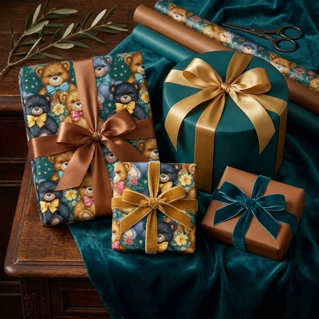 Vintage teddy bear wrapping paper on luxury holiday gift boxes by Wrapped Studios.
