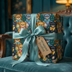 Vintage teddy bear wrapping paper with a teal satin bow on a luxury gift box by Wrapped Studios.