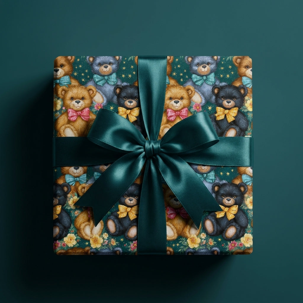 Cute teddy bear gift wrap with a dark green satin bow. Whimsical birthday wrapping paper by Wrapped Studios.