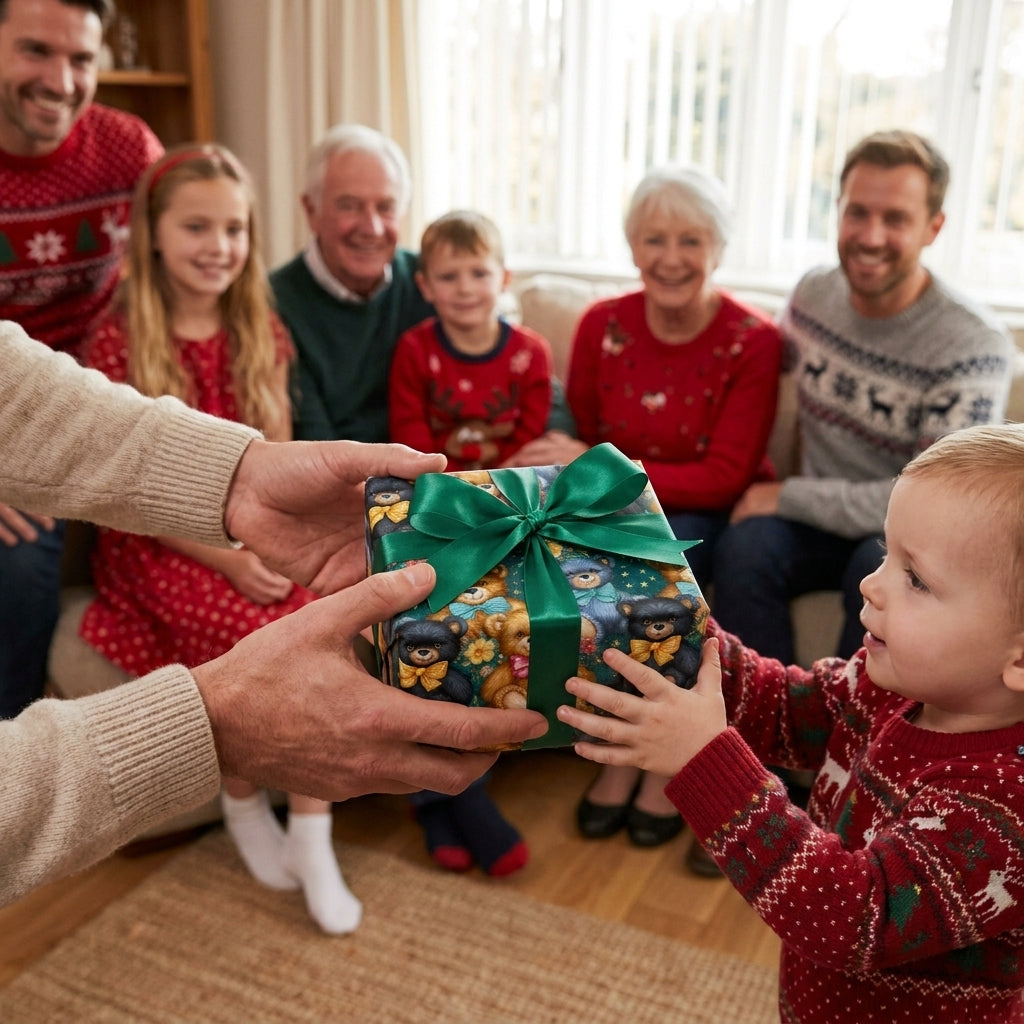 Toddler receiving a gift in teddy bear Christmas wrapping paper with a green bow by Wrapped Studios.