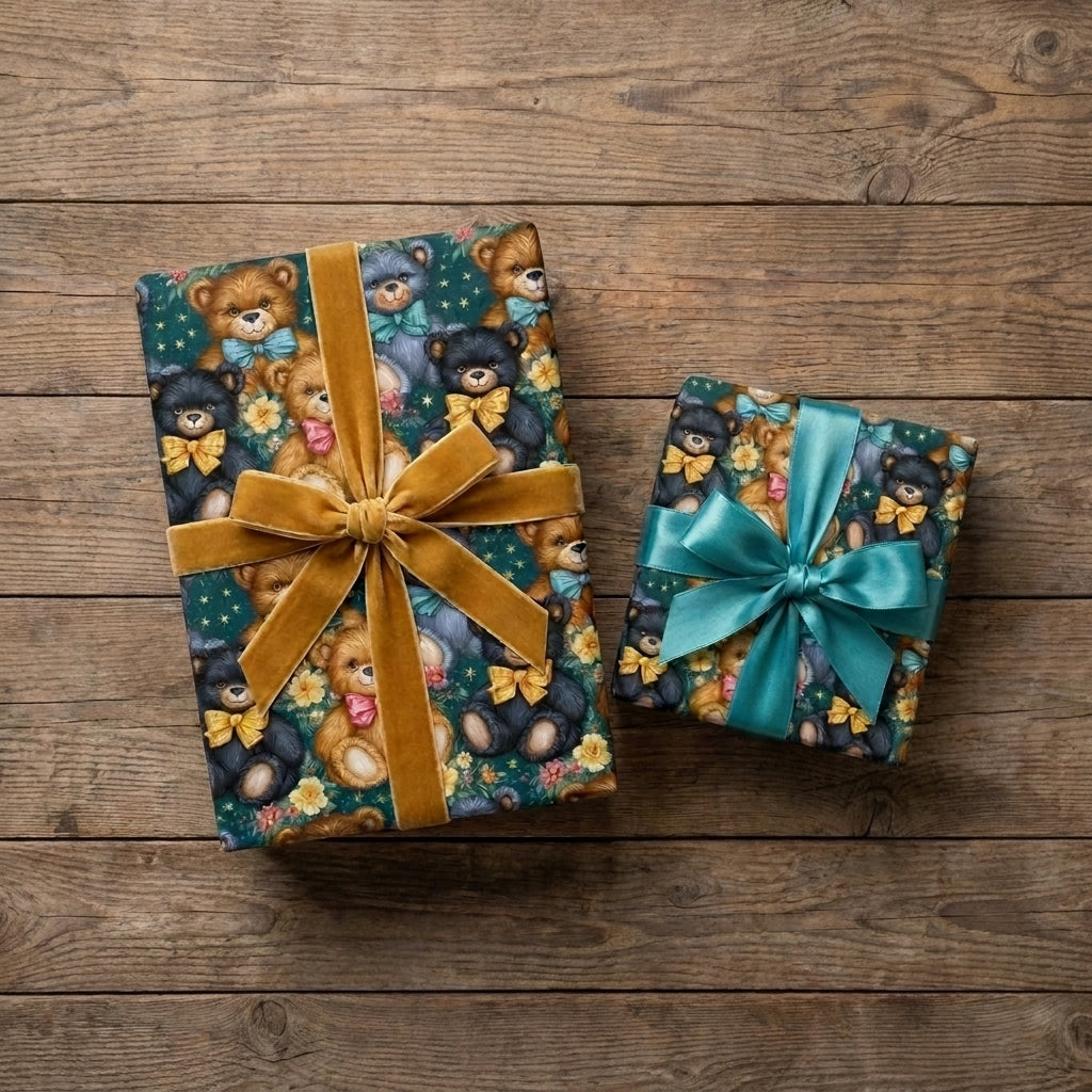 Teddy bear wrapping paper on gifts with gold velvet and teal satin bows by Wrapped Studios.