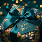 Teddy bear Christmas gift wrap by Wrapped Studios, featuring a luxury teal satin bow and a Warm Wishes gift tag.