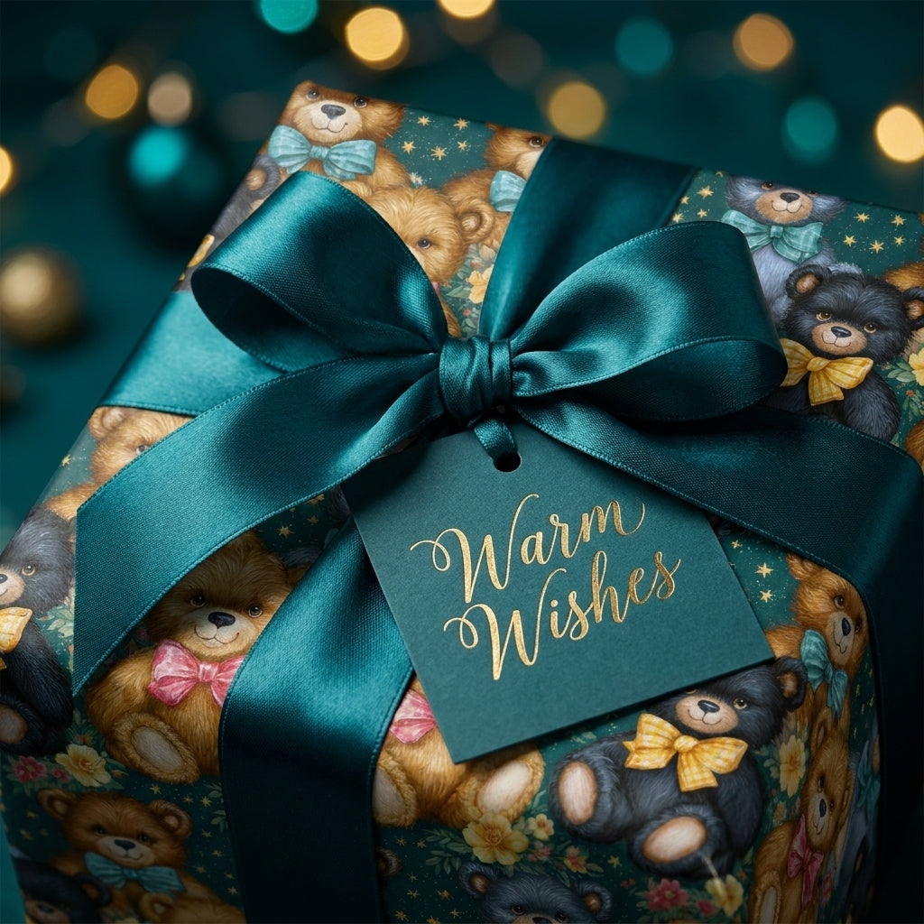 Teddy bear Christmas gift wrap by Wrapped Studios, featuring a luxury teal satin bow and a Warm Wishes gift tag.