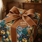 Teddy bear birthday wrapping paper with a brown bow and "With Love" tag by Wrapped Studios.