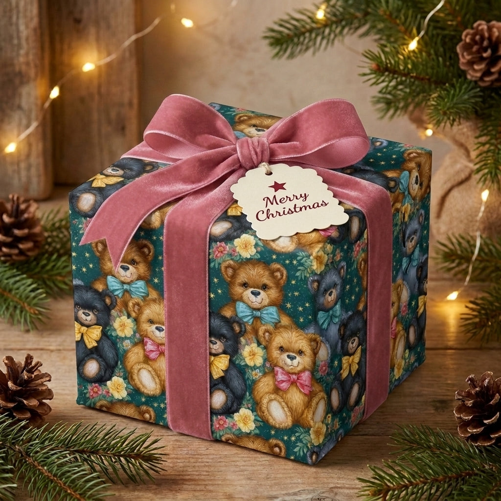 Teddy bear Christmas wrapping paper by Wrapped Studios, tied with a pink velvet ribbon in a cozy holiday setting.