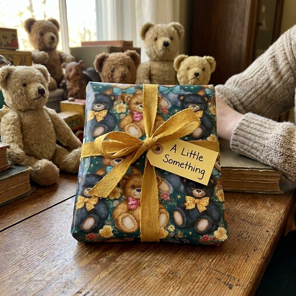 Vintage teddy bear wrapping paper with a yellow bow on a cozy gift box, by Wrapped Studios.