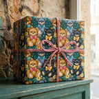 Cute teddy bear baby shower wrapping paper by Wrapped Studios, tied with pink twine.