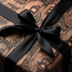 Copper circuit board wrapping paper with black satin ribbon, luxury tech gift wrap by Wrapped Studios.