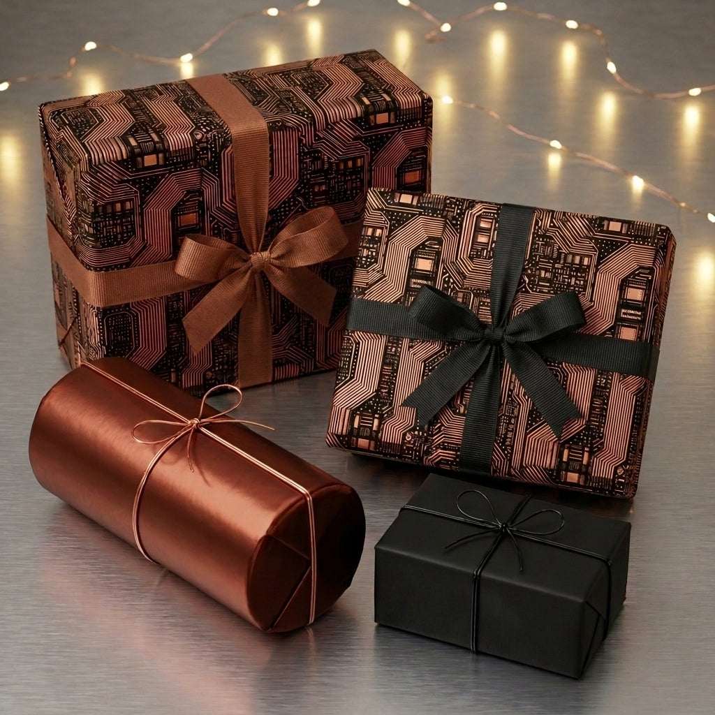 Modern copper circuit board wrapping paper on elegant gift boxes by Wrapped Studios.