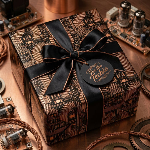 Copper circuit board tech wrapping paper with a luxury black satin bow by Wrapped Studios.