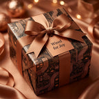 Luxury copper circuit board wrapping paper with a satin bow on a gift box, by Wrapped Studios.