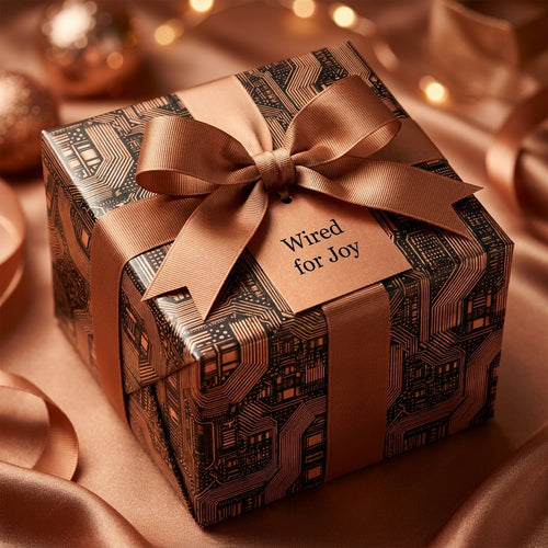 Luxury copper circuit board wrapping paper with a satin bow on a gift box, by Wrapped Studios.