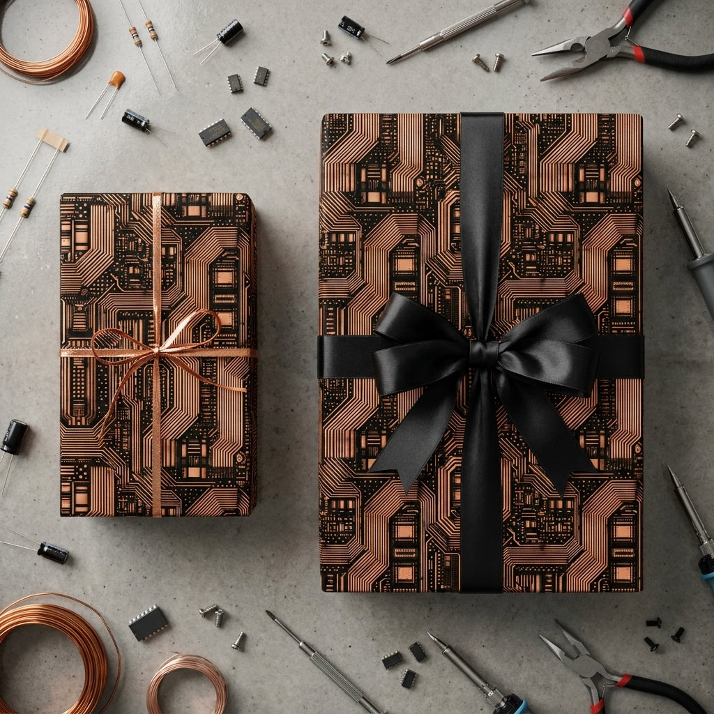 Tech circuit board wrapping paper in copper and black with a black ribbon by Wrapped Studios.