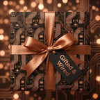 Copper circuit board wrapping paper with a matching satin ribbon by Wrapped Studios.