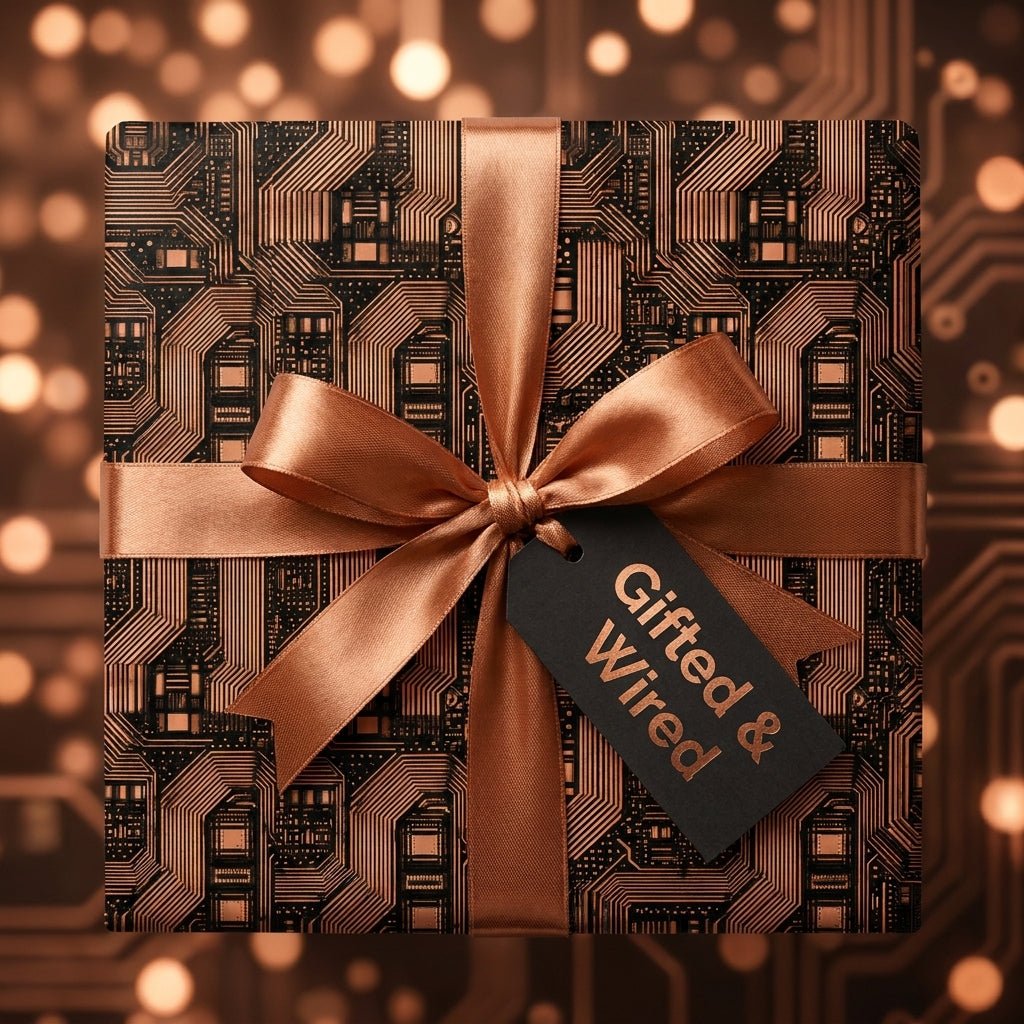 Copper circuit board wrapping paper with a matching satin ribbon by Wrapped Studios.