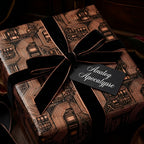Luxury copper circuit board wrapping paper with a black velvet ribbon on a gift box by Wrapped Studios.