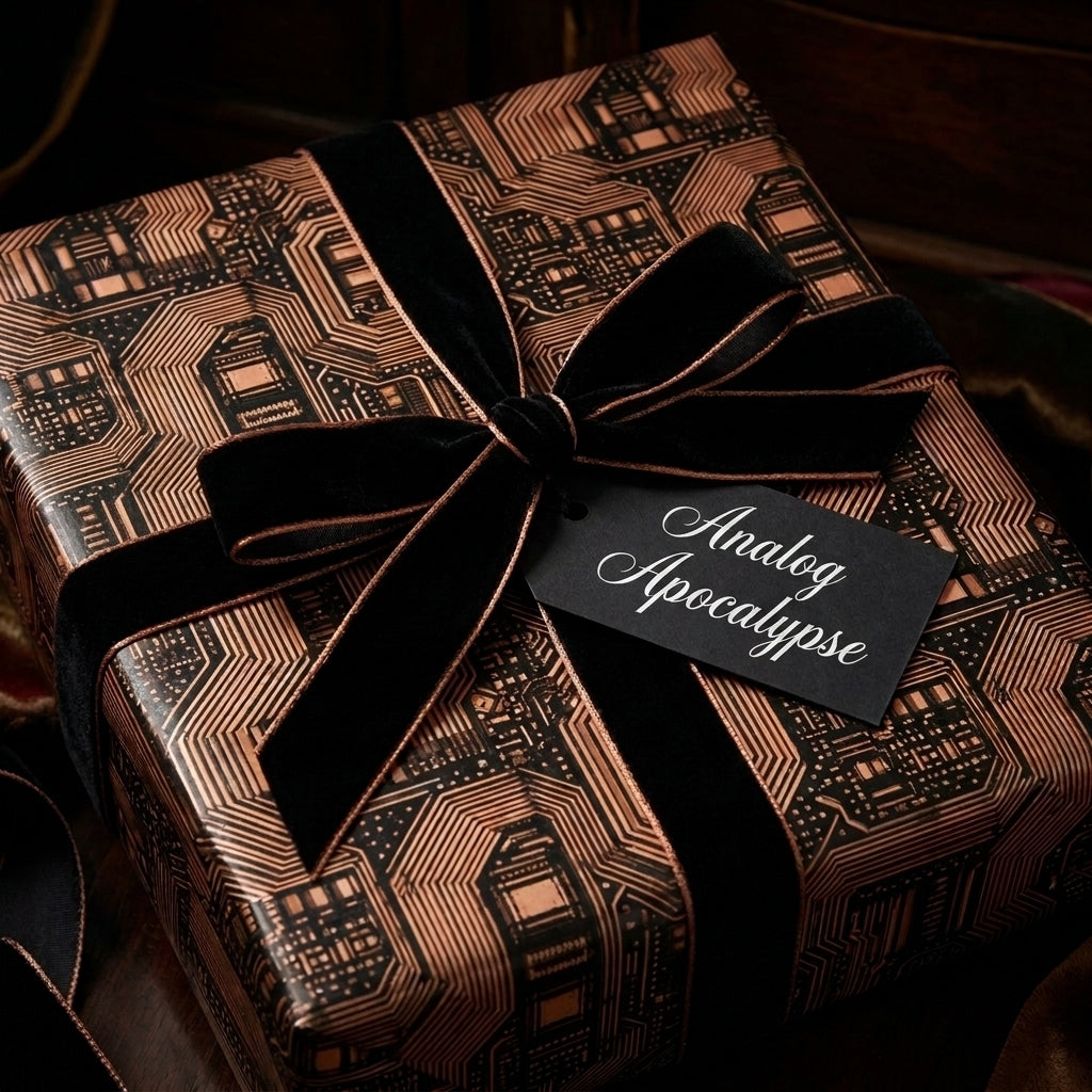 Luxury copper circuit board wrapping paper with a black velvet ribbon on a gift box by Wrapped Studios.