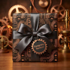 Steampunk circuit board wrapping paper by Wrapped Studios, featuring a copper tech pattern and grey satin bow.