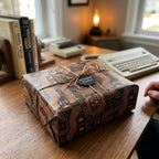 Retro tech circuit board wrapping paper by Wrapped Studios on a gift box with copper twine.