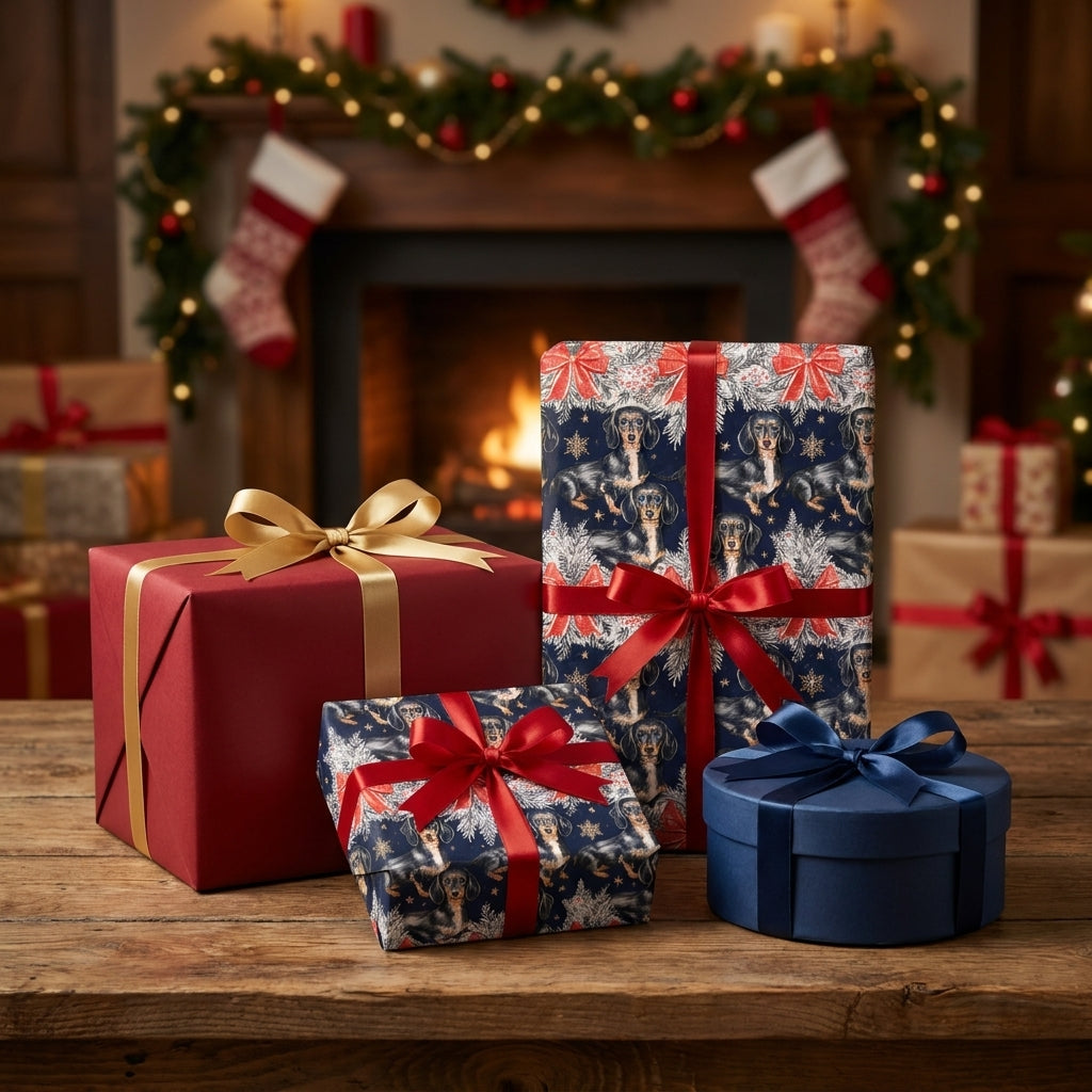 Dachshund dog Christmas wrapping paper by Wrapped Studios on holiday gifts by a cozy fireplace.
