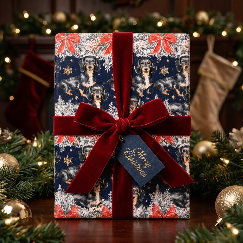 Dachshund Christmas wrapping paper with red velvet bow and Merry Christmas tag by Wrapped Studios.