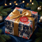 Navy dachshund Christmas wrapping paper with gold ribbon on a holiday gift, by Wrapped Studios.