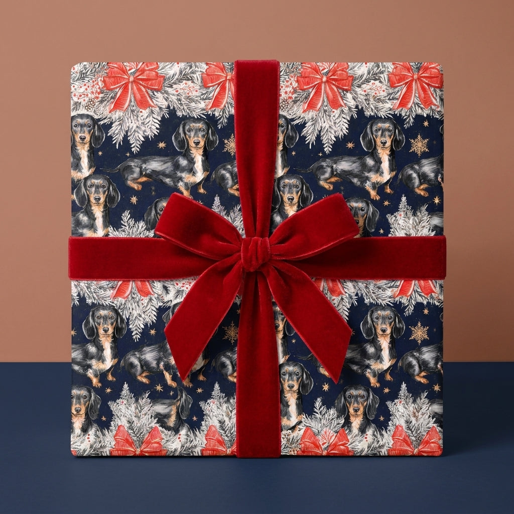 Dachshund Christmas wrapping paper with a red velvet bow on a holiday gift box by Wrapped Studios.