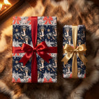 Dachshund dog Christmas gift wrap with red and gold satin ribbons by Wrapped Studios.