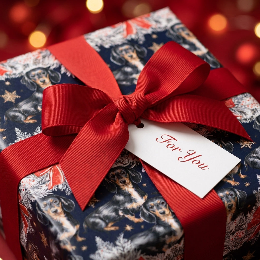 Dachshund dog Christmas wrapping paper with a red bow and tag by Wrapped Studios.