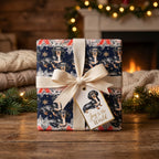 Dachshund Christmas wrapping paper with a cream ribbon and holiday gift tag by Wrapped Studios.