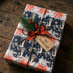 Dachshund dog Christmas wrapping paper with a red bow and 'No Peeking' tag on rustic wood by Wrapped Studios.