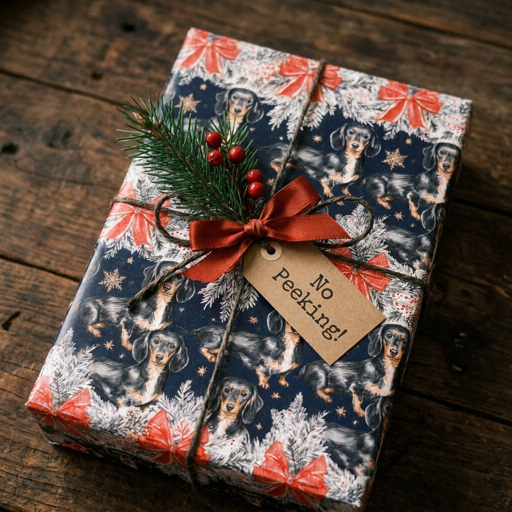 Dachshund dog Christmas wrapping paper with a red bow and 'No Peeking' tag on rustic wood by Wrapped Studios.
