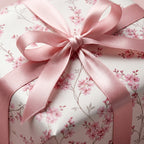 Luxury cherry blossom floral wrapping paper with a pink satin bow on a gift box by Wrapped Studios.