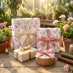 Elegant pink floral wrapping paper and luxury gift wrap on boxes in a garden by Wrapped Studios.