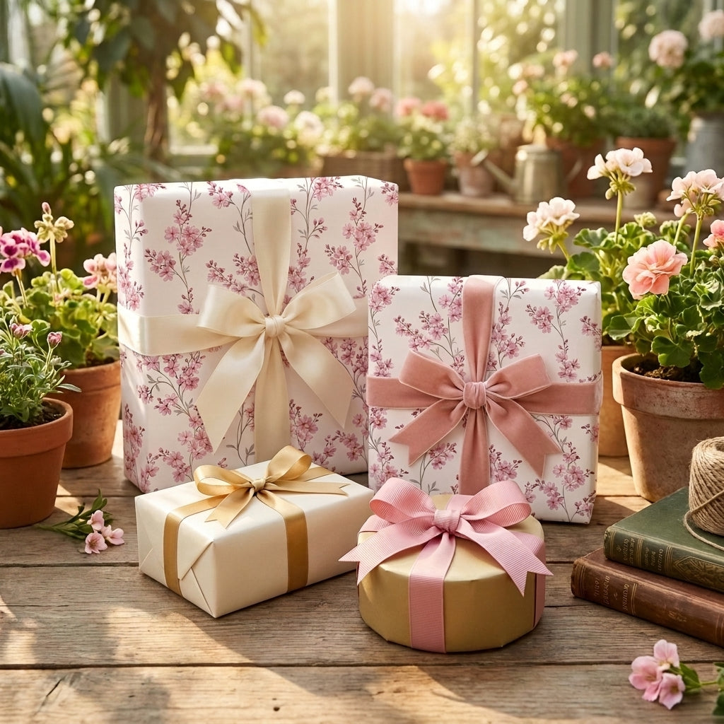 Elegant pink floral wrapping paper and luxury gift wrap on boxes in a garden by Wrapped Studios.